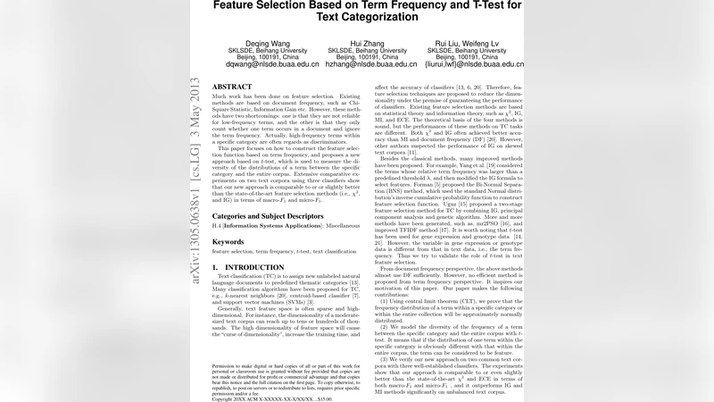 Feature Selection Based on Term Frequency and T-Test for Text   Categorization