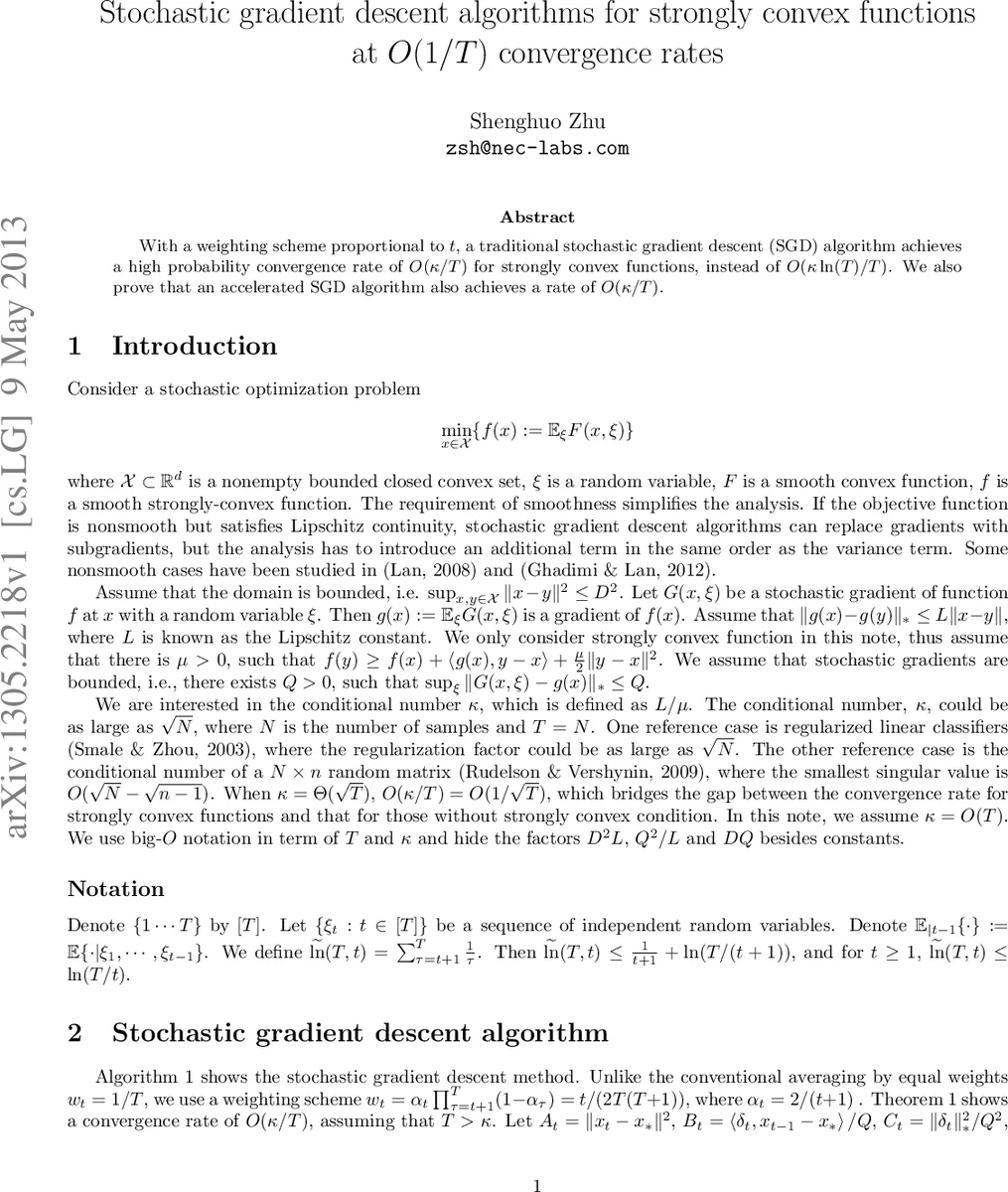 Stochastic gradient descent algorithms for strongly convex functions at   O(1/T) convergence rates