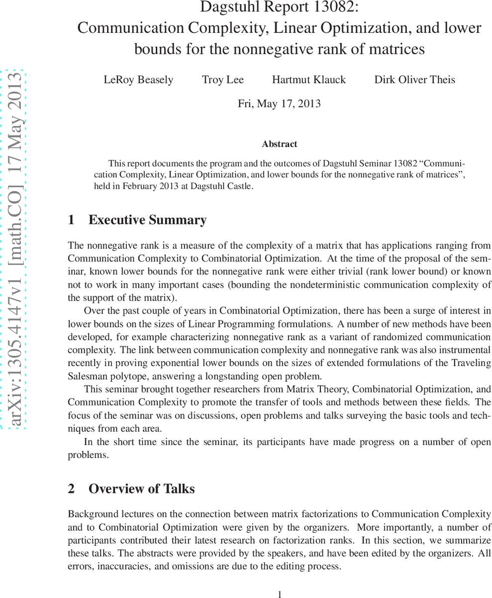 Dagstuhl Report 13082: Communication Complexity, Linear Optimization,   and lower bounds for the nonnegative rank of matrices