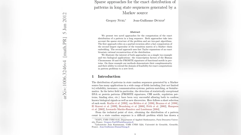Sparse approaches for the exact distribution of patterns in long state   sequences generated by a Markov source