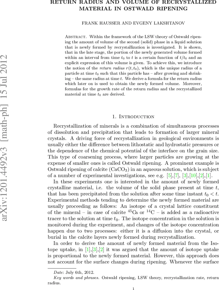 Return Radius and volume of recrystallized material in Ostwald Ripening