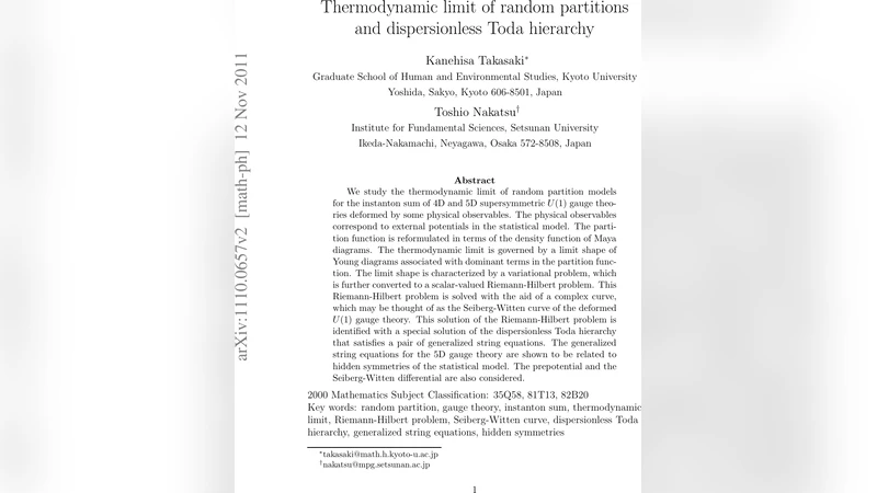 Thermodynamic limit of random partitions and dispersionless Toda   hierarchy
