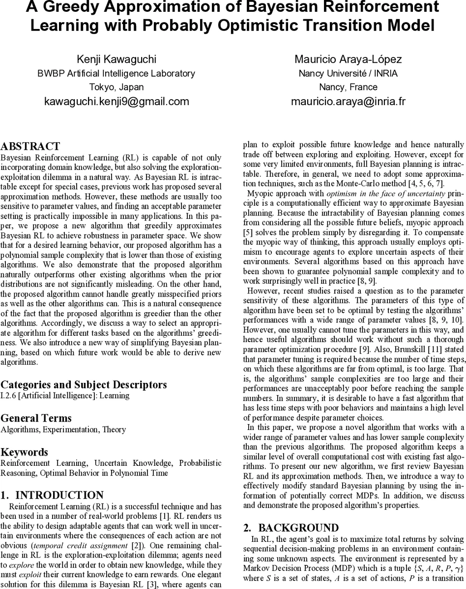 A Greedy Approximation of Bayesian Reinforcement Learning with Probably   Optimistic Transition Model