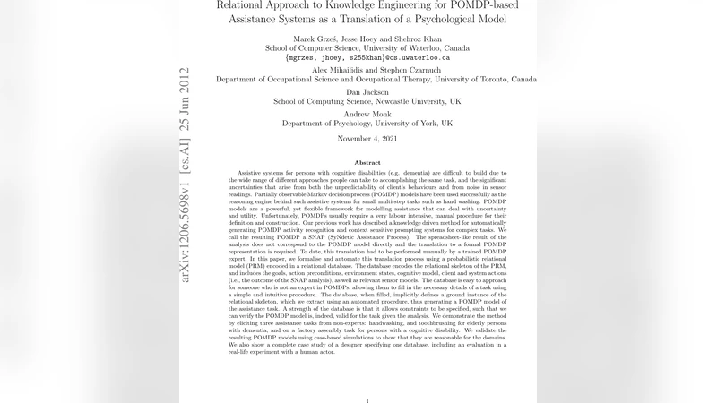 Relational Approach to Knowledge Engineering for POMDP-based Assistance   Systems as a Translation of a Psychological Model