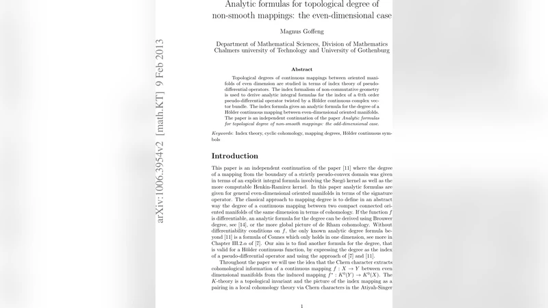 Analytic formulas for topological degree of non-smooth mappings: the   even-dimensional case