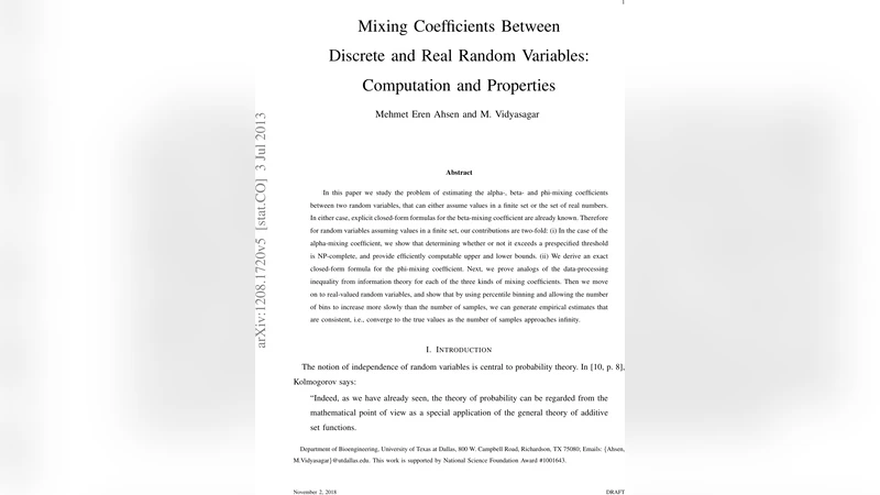 Mixing Coefficients Between Discrete and Real Random Variables:   Computation and Properties