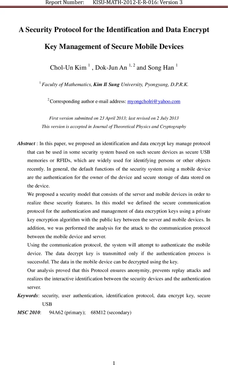 A Security Protocol for the Identification and Data Encrypt Key   Management of Secure Mobile Devices