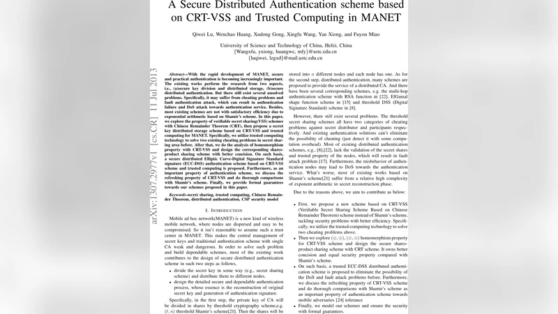 A Secure Distributed Authentication scheme based on CRT-VSS and Trusted   Computing in MANET