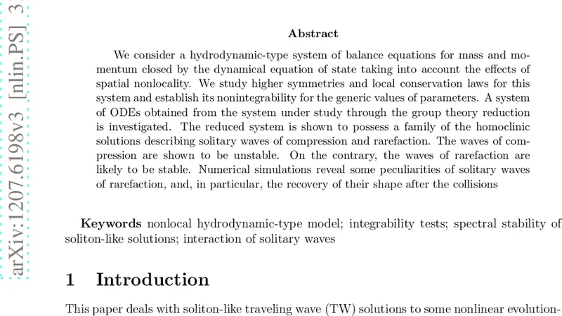 Stability and dynamical features of solitary wave solutions for a   hydrodynamic-type system taking into account non-local effects
