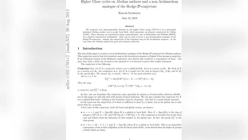 Higher Chow Cycles on an Abelian Surface and a non-Archimedean analogue   of the Hodge-D-conjecture