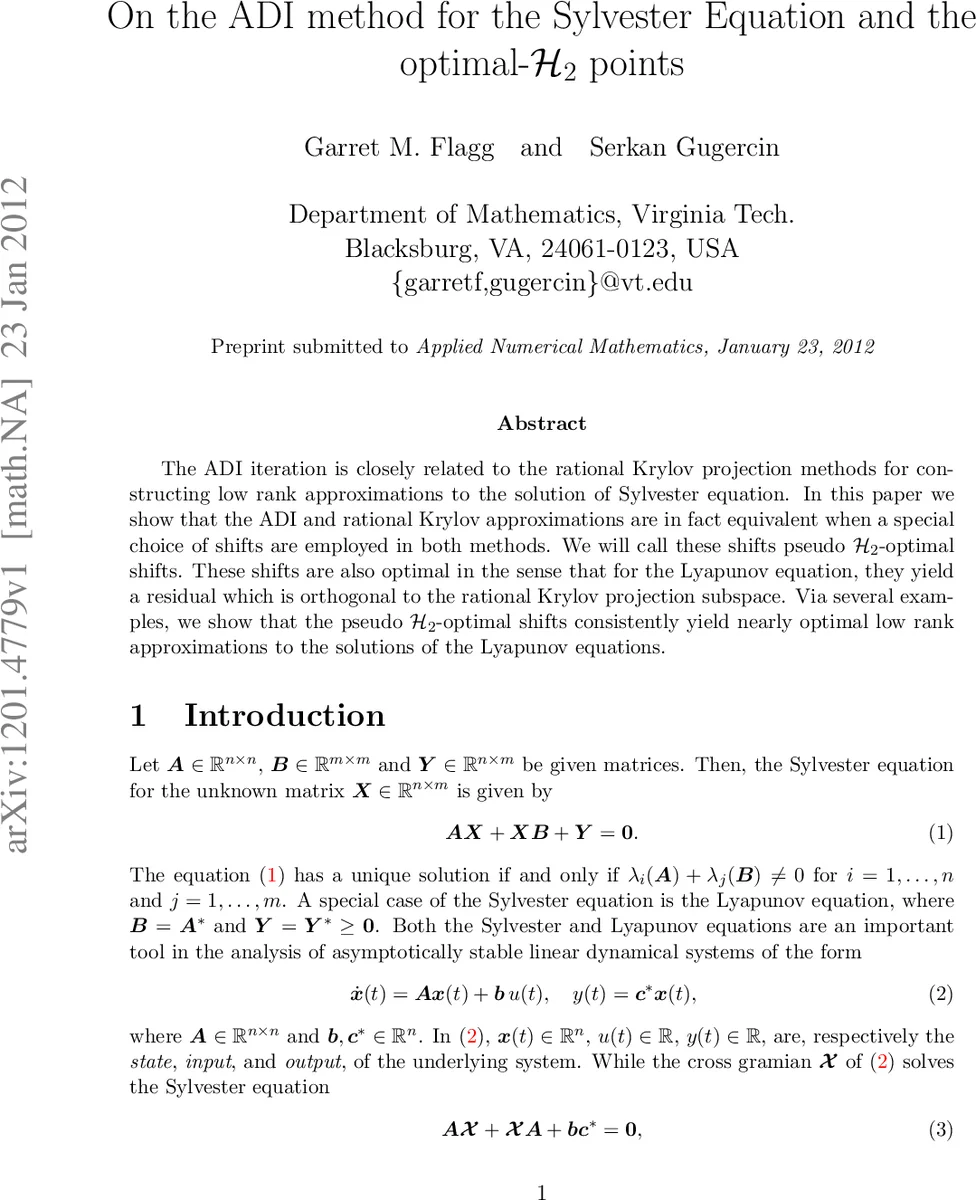 On the ADI method for the Sylvester Equation and the   optimal-$mathcal{H}_2$ points