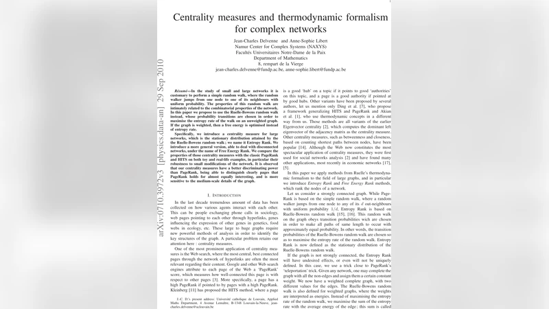 Centrality measures and thermodynamic formalism for complex networks