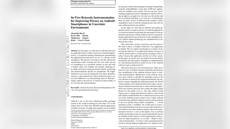 In-Vivo Bytecode Instrumentation for Improving Privacy on Android   Smartphones in Uncertain Environments