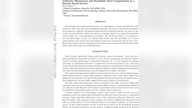 Collective Phenomena and Non-Finite State Computation in a Human Social   System