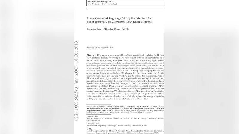 The Augmented Lagrange Multiplier Method for Exact Recovery of Corrupted   Low-Rank Matrices
