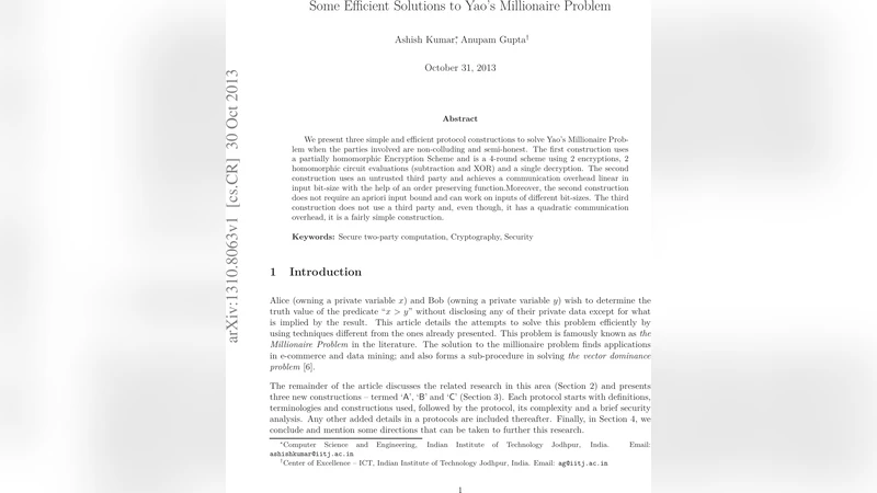 Some Efficient Solutions to Yaos Millionaire Problem