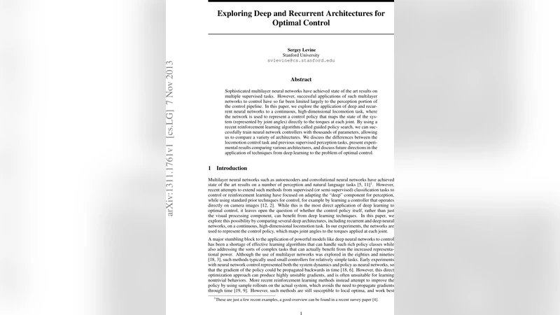 Exploring Deep and Recurrent Architectures for Optimal Control