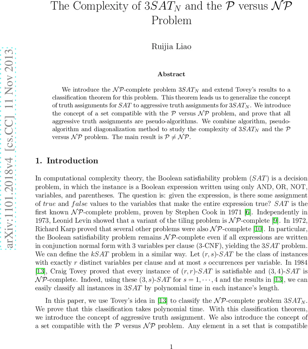 The Complexity of 3SAT_N and the P versus NP Problem