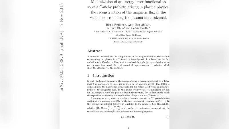 Minimization of an energy error functional to solve a Cauchy problem   arising in plasma physics: the reconstruction of the magnetic flux in the   vacuum surrounding the plasma in a Tokamak