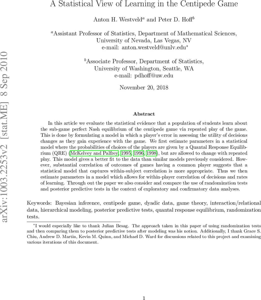 A Statistical View of Learning in the Centipede Game