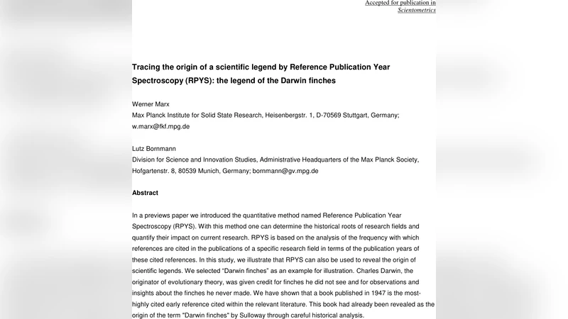 Tracing the origin of a scientific legend by Reference Publication Year   Spectroscopy (RPYS): the legend of the Darwin finches