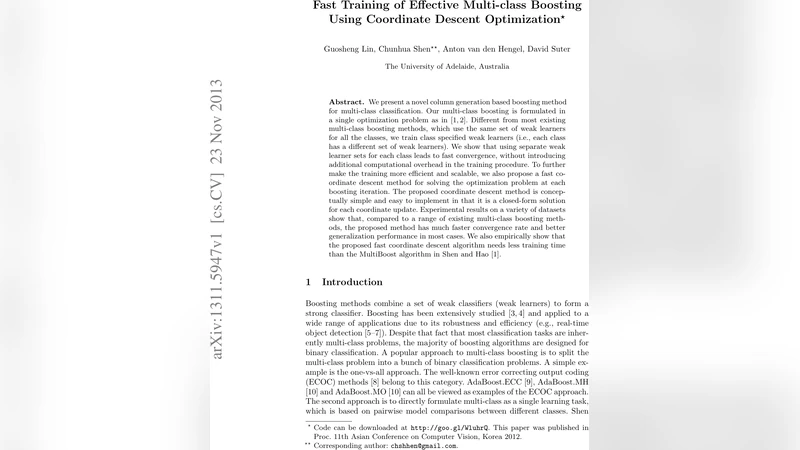Fast Training of Effective Multi-class Boosting Using Coordinate Descent   Optimization
