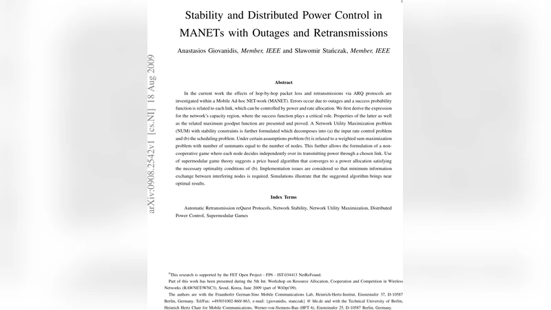 Stability and Distributed Power Control in MANETs with Outages and   Retransmissions