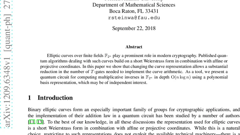 Efficient quantum circuits for binary elliptic curve arithmetic:   reducing T-gate complexity