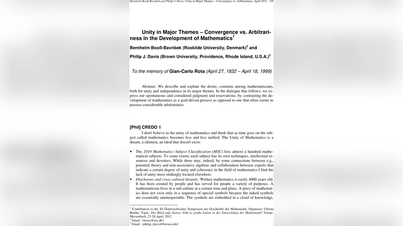 Unity in Major Themes - Convergence vs. Arbitrariness in the Development   of Mathematics