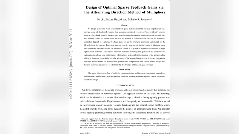 Design of Optimal Sparse Feedback Gains via the Alternating Direction   Method of Multipliers