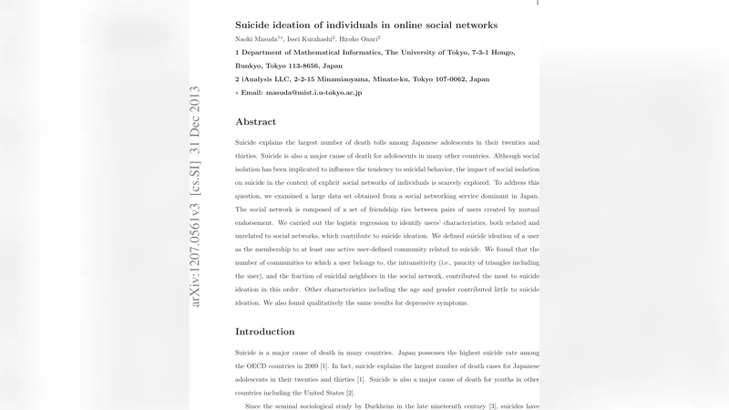 Suicide ideation of individuals in online social networks