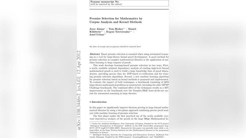 Premise Selection for Mathematics by Corpus Analysis and Kernel Methods