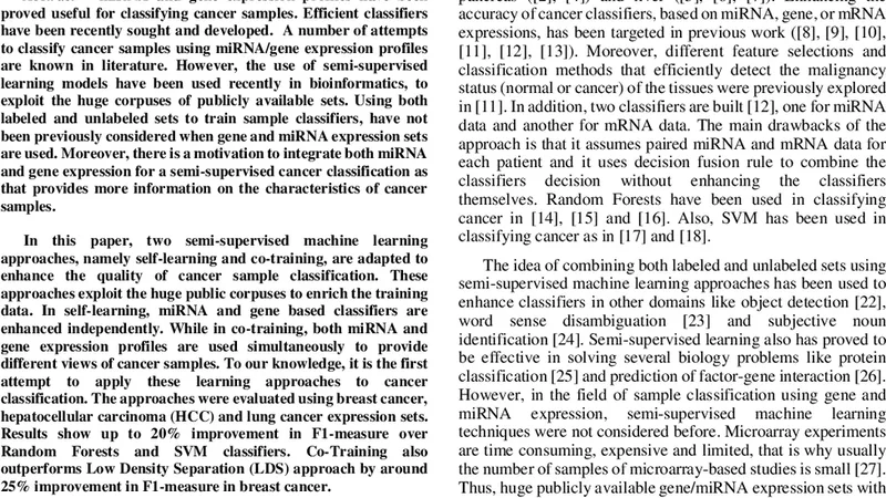 miRNA and Gene Expression based Cancer Classification using Self-   Learning and Co-Training Approaches
