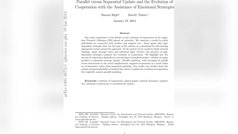 Parallel versus Sequential Update and the Evolution of Cooperation with   the Assistance of Emotional Strategies