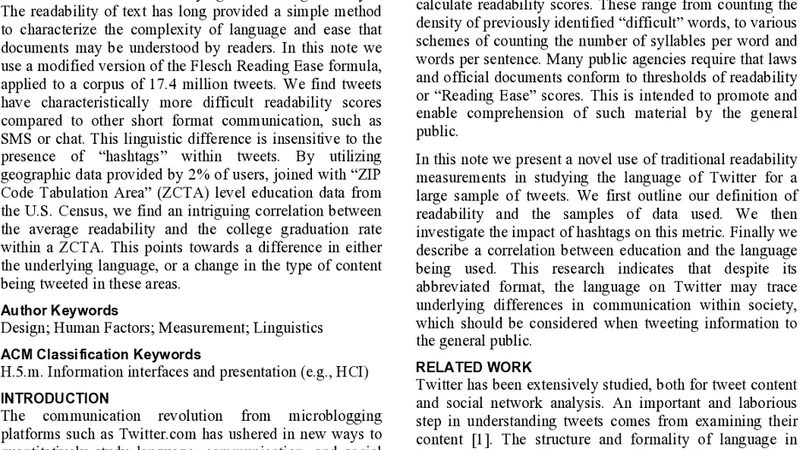 The Readability of Tweets and their Geographic Correlation with   Education