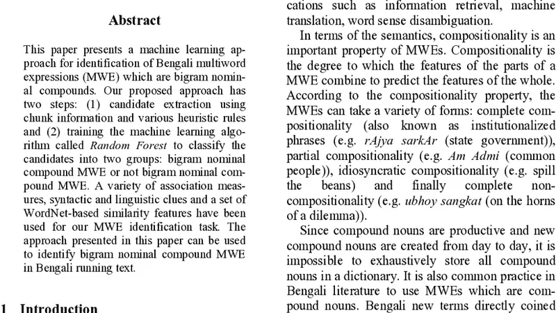 A Machine Learning Approach for the Identification of Bengali Noun-Noun   Compound Multiword Expressions