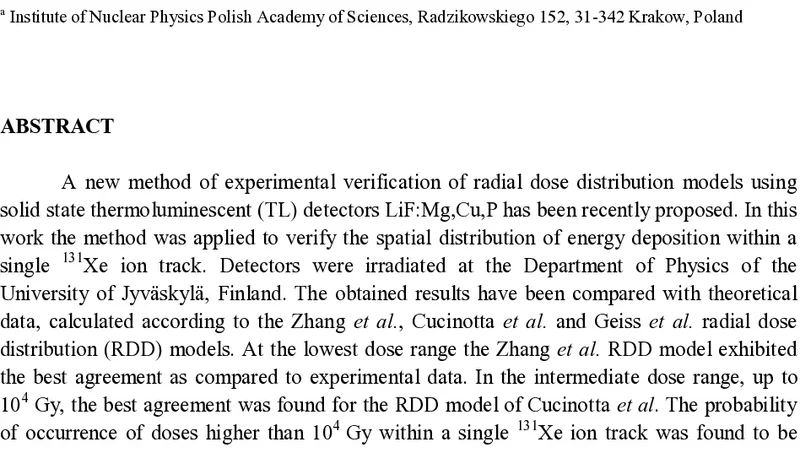 Radial distribution of dose within heavy charged particle tracks. Models   and experimental verification using LiF:Mg,Cu,P TL detectors