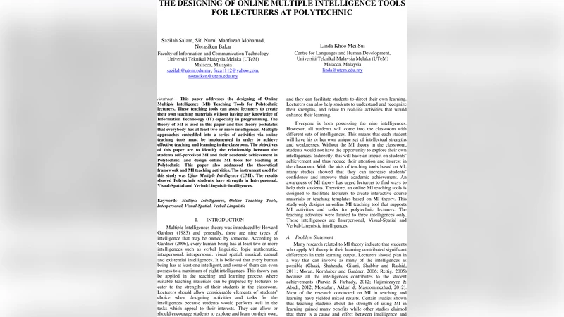 The Designing of Online Multiple Intelligence Tools for Lecturers at   Polytechnic