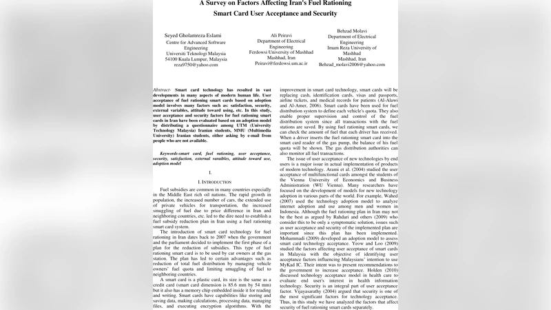 A Survey on Factors Affecting Irans Fuel Rationing Smart Card User   Acceptance and Security