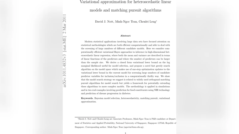 Variational approximation for heteroscedastic linear models and matching   pursuit algorithms