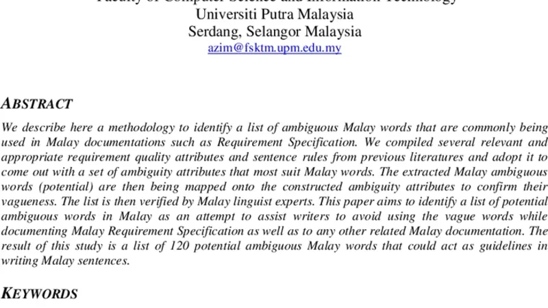A method to identify potential ambiguous Malay words through Ambiguity   Attributes mapping: An exploratory Study