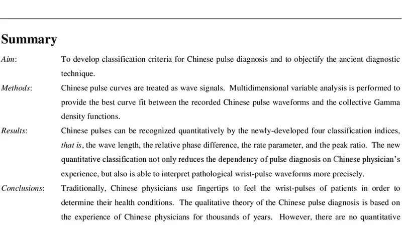 Developing classification indices for Chinese pulse diagnosis