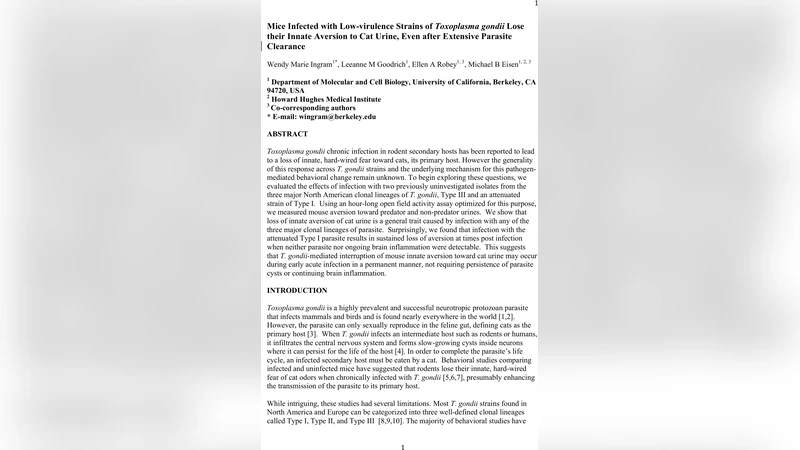 Mice Infected with Low-virulence Strains of Toxoplasma gondii Lose their   Innate Aversion to Cat Urine, Even after Extensive Parasite Clearance