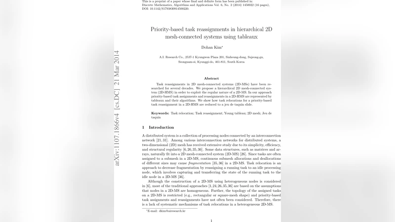 Priority-based task reassignments in hierarchical 2D mesh-connected   systems using tableaux