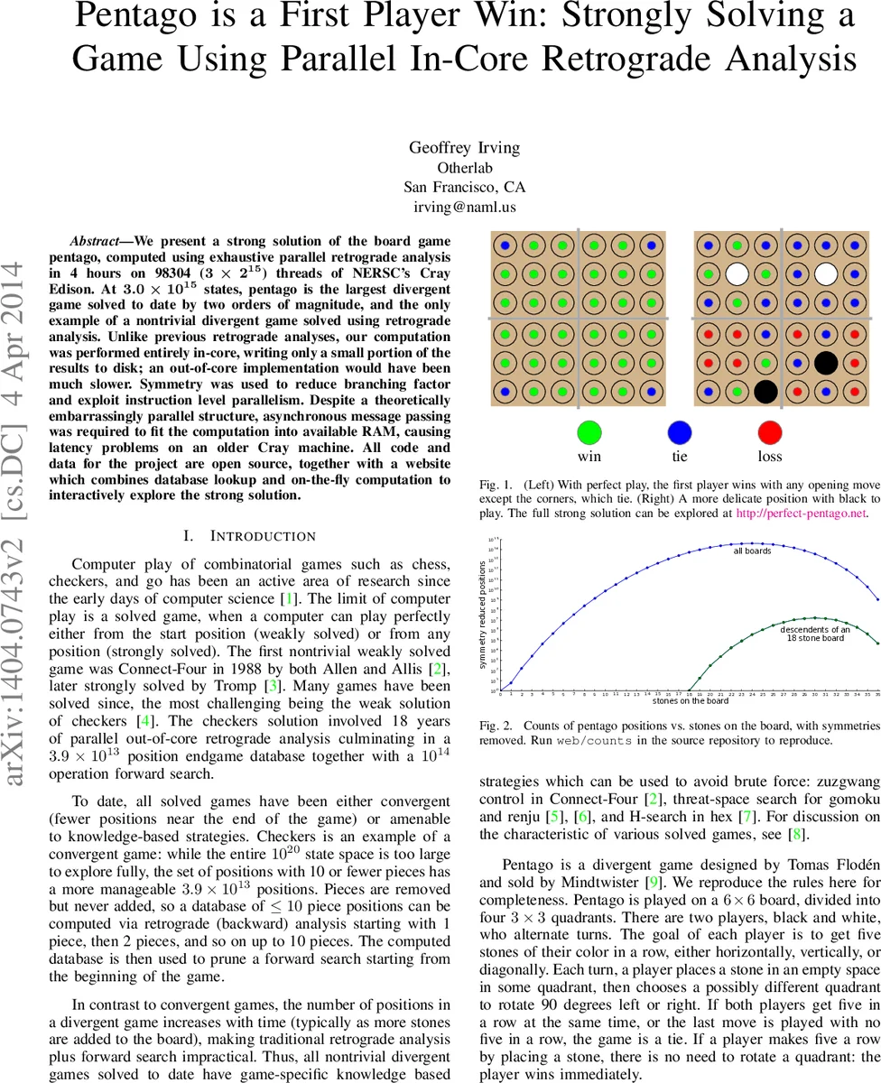 Pentago is a First Player Win: Strongly Solving a Game Using Parallel   In-Core Retrograde Analysis