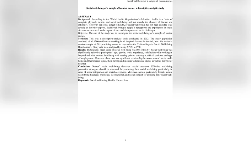 Social well-being of a sample of Iranian nurses: a descriptive-analytic   study