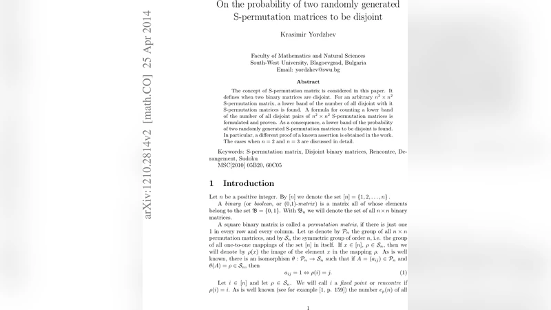 On the probability of two randomly generated S-permutation matrices to   be disjoint