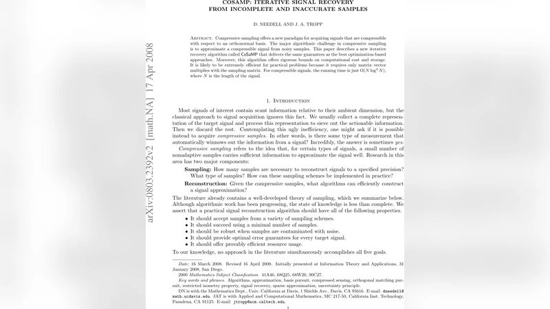 CoSaMP: Iterative signal recovery from incomplete and inaccurate samples