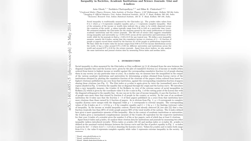 Inequality in Societies, Academic Institutions and Science Journals:   Gini and k-indices