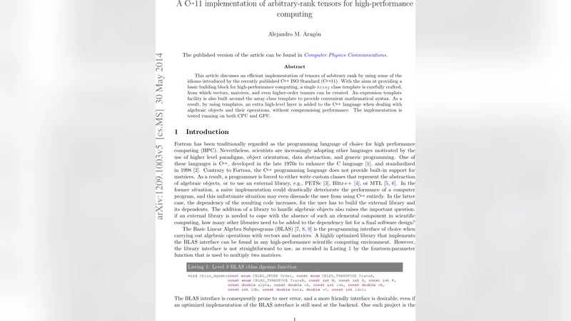 A C++11 implementation of arbitrary-rank tensors for high-performance   computing